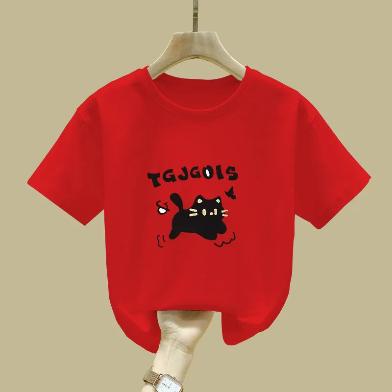 Cute Cat Design Childrens Short Sleeve T Shirt Summer Fashion Top for Girls Kids Clothes