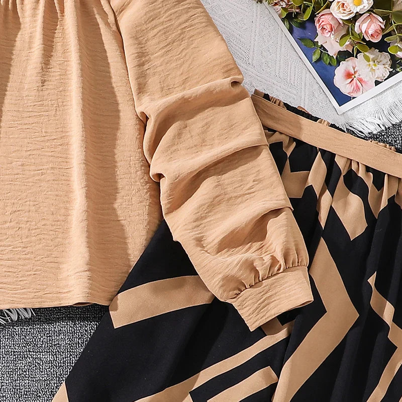 Kids Clothing Sets For Girls Khaki Off-shoulder Long sleeve Top & Stripe Printing Pants Summer Resort Style Children Suits OOTD