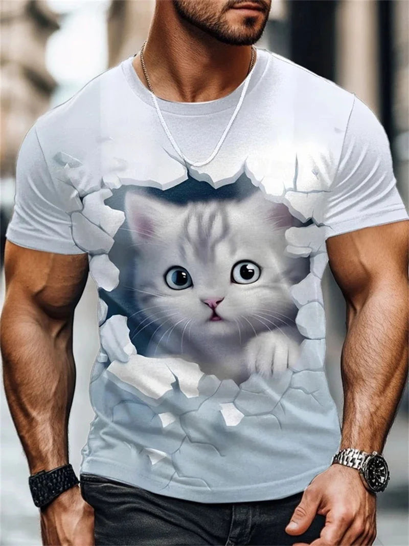 Cute Funny Cat Graphic T Shirt For Men Novelty Animals 3D Printed Tees Casual Short Sleeve Round Neck Tops Street Kids T-Shirts