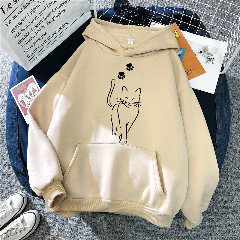 Whimsical Cat Print Sweatshirts Cat Women Kawaii Kangaroo Pocket Hoodies Girl Casual Pullovers Female Animal Hooded 90s Clothing