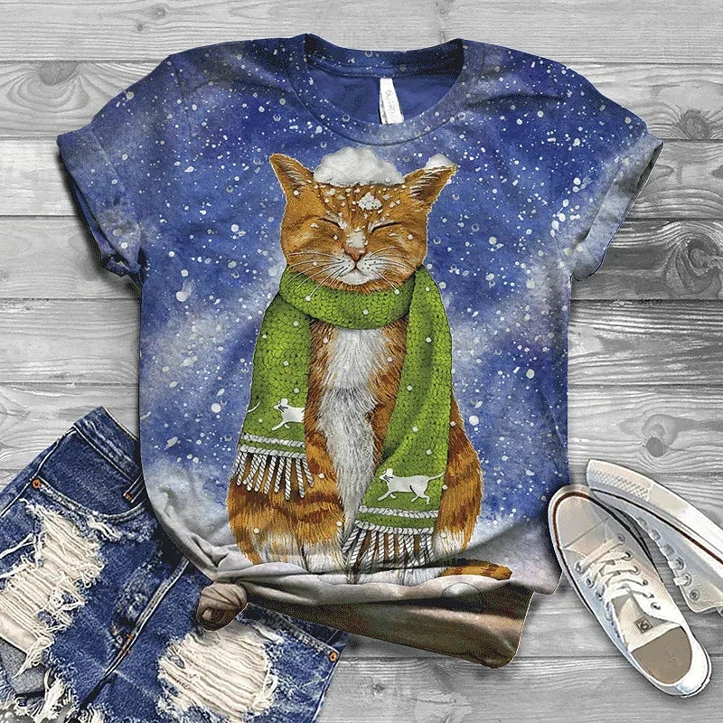 Cat Short Sleeve Cartoon Cat Women's T-Shirt Summer Fashion 3d Cartoon Women Clothing T Shirt For Women Daily Casual Top Tee