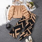 Kids Clothing Sets For Girls Khaki Off-shoulder Long sleeve Top & Stripe Printing Pants Summer Resort Style Children Suits OOTD