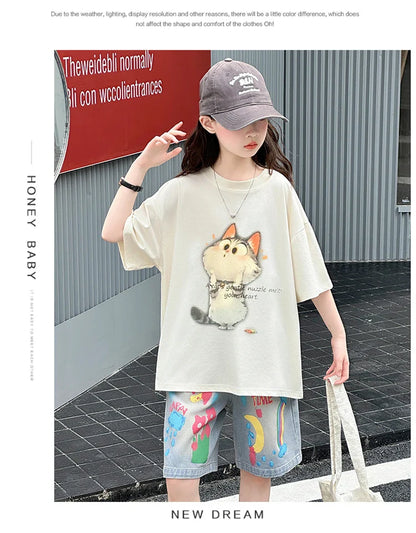 Kids Summer Cartoon Cat Print Tracksuit for Teenage Girl 5 6 7 8 9 10 11 12 13 14 Years Old Child Casual Top Bottom Clothes Set