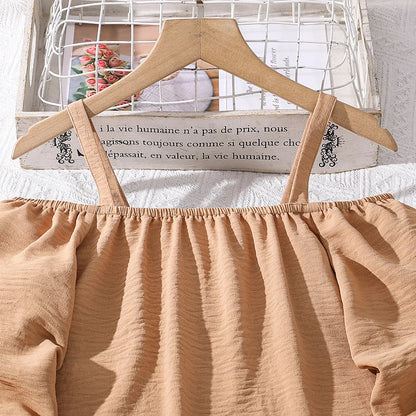 Kids Clothing Sets For Girls Khaki Off-shoulder Long sleeve Top & Stripe Printing Pants Summer Resort Style Children Suits OOTD