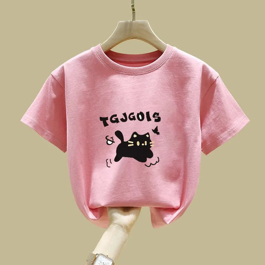 Cute Cat Design Childrens Short Sleeve T Shirt Summer Fashion Top for Girls Kids Clothes