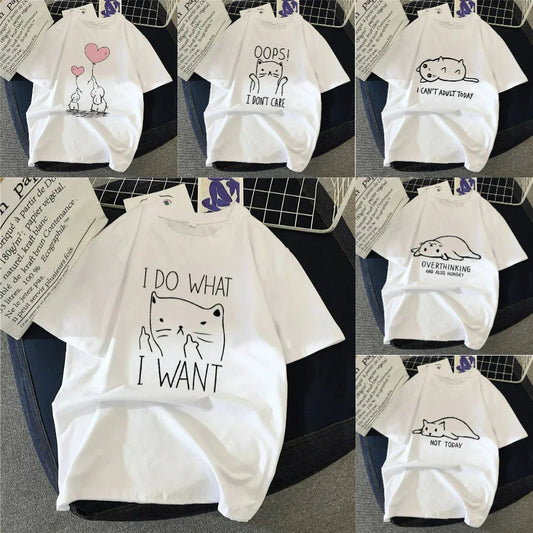 Women T Shirt Cartoon Cat Group Printed T-Shirt Casual Short Sleeve Couples T-Shirt Funny Cat Streetwear Large-sized T-shirt