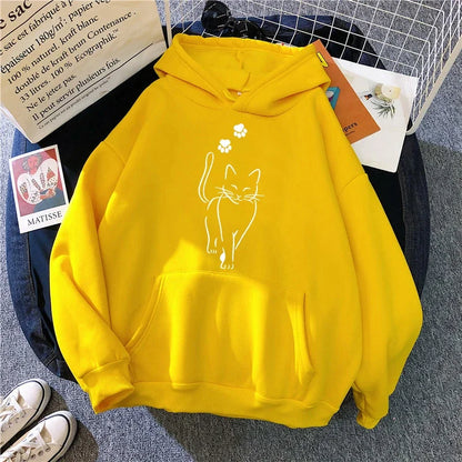 Whimsical Cat Print Sweatshirts Cat Women Kawaii Kangaroo Pocket Hoodies Girl Casual Pullovers Female Animal Hooded 90s Clothing