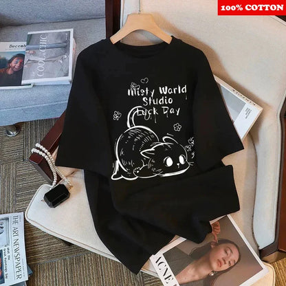 Korean Cute Cat Print T-shirt Women Summer 2025 New Round neck Short Sleeve T-shirt Loose Casual Y2k Tops kawaii Female clothing