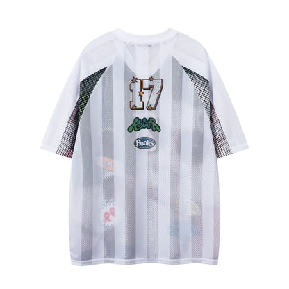 Cat Print Short Sleeve T-shirt Mens Summer Retro High Street Loose Raglan Half-Sleeve V-neck Breathable Mesh Tshirt Men