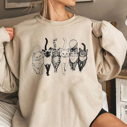 Six Cat Graphic Sweatshirt Hoodies Autumn Winter Cute Women Clothing Long Sleeve Pullove Top Outfits