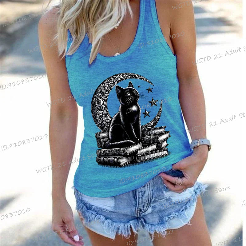 Women's Vintage Cat Books Clothing Summer Casual Loose Reading Club Members Vests Fashion Bookishness Sleeveless Tank Top