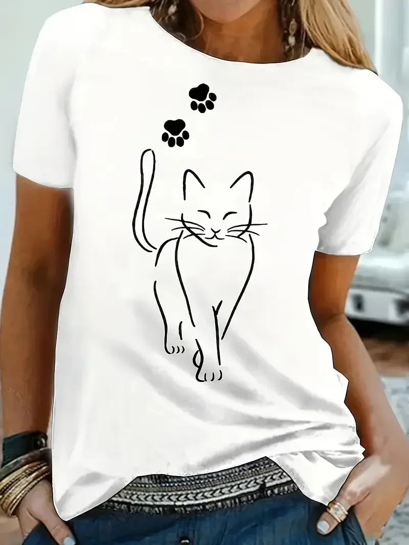 Whimsical Cat Print T Shirt Cat Women Kawaii T-shirt Girl Casual Short Sleeve O Neck Top Summer Female Animal Clothing Tshirt