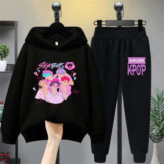 Kids Hoodie Set with Cartoon Blue Cat & Bird Print, Casual Long - Sleeve Top + Pants Outfit for Boys Girls, Comfortable Children