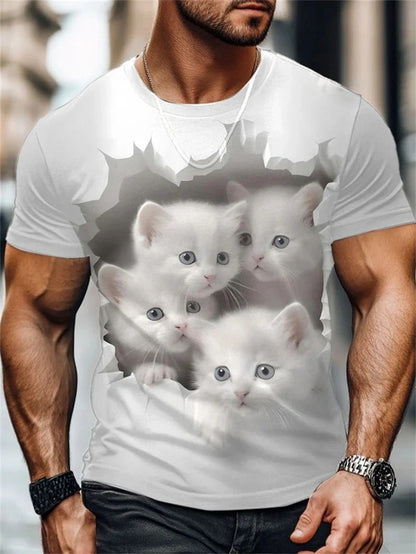 Cute Funny Cat Graphic T Shirt For Men Novelty Animals 3D Printed Tees Casual Short Sleeve Round Neck Tops Street Kids T-Shirts