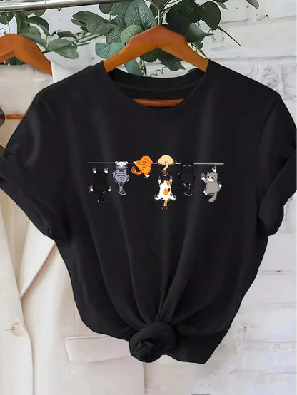 Women's Cute Cat Print Round Neck Short Sleeve Casual T-Shirt White Short Sleeve with Unique Cat Print Clothing Tee Female Tops