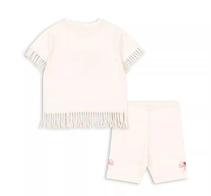 Summer 2025 KS Children Clothes Set Girls Cute Cat Print Tassels T-shirts Shorts Suit Kids Thin Soft Sling Dresses Girl Clothing