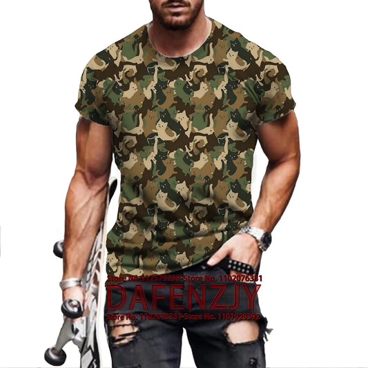 Men's Camouflage Cat T-shirt Loose Vintage Fitting Vintage Fashion Animal Art Print Short Sleeve 3D O-Neck T-shirt