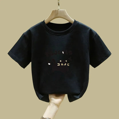 Cute Cat Design Childrens Short Sleeve T Shirt Summer Fashion Top for Girls Kids Clothes