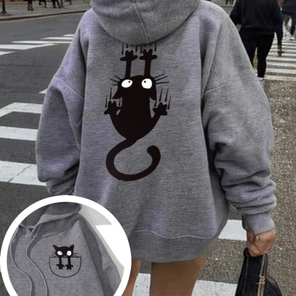 Women's casual hoodie sweatshirt with cute cat pattern print round neck long sleeves for autumn and winter warmth, regular style