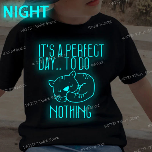 Children's Clothing It's A Perfect Day To Do Nothing T-Shirt for Cat Lover Gift Soft Cotton Tee Y2k Harajuku Luminous Kids Shirt