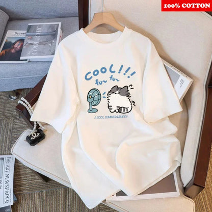 Korean Cute Cat Print T-shirt Women Summer 2025 New Round neck Short Sleeve T-shirt Loose Casual Y2k Tops kawaii Female clothing
