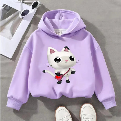 Cute Cartoon Cat Print Kids Sweatshirt Adorable Long-Sleeve Top for Boys Girls Comfortable Casual Wear
