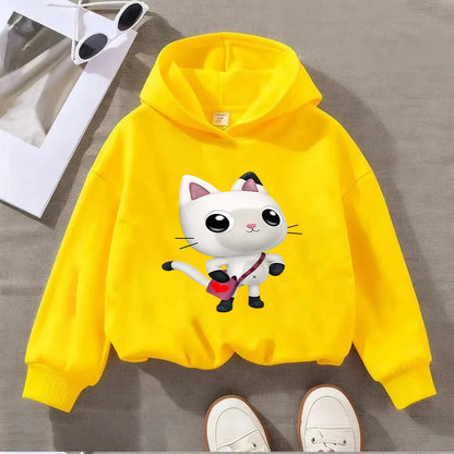 Cute Cartoon Cat Print Kids Sweatshirt Adorable Long-Sleeve Top for Boys Girls Comfortable Casual Wear