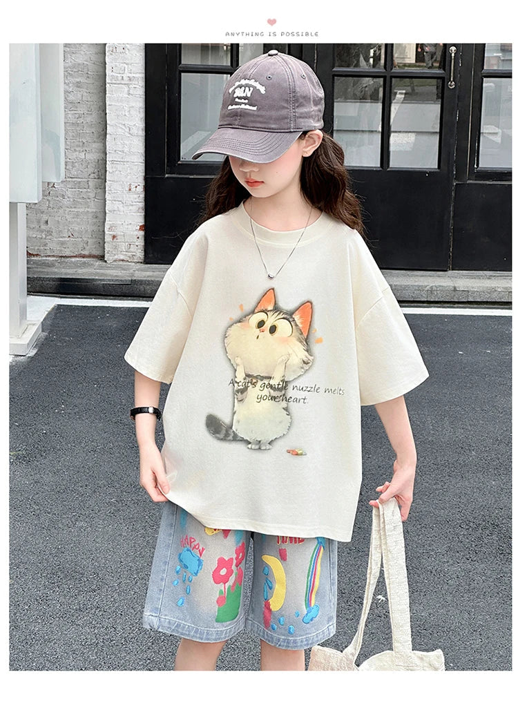 Kids Summer Cartoon Cat Print Tracksuit for Teenage Girl 5 6 7 8 9 10 11 12 13 14 Years Old Child Casual Top Bottom Clothes Set
