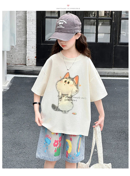Kids Summer Cartoon Cat Print Tracksuit for Teenage Girl 5 6 7 8 9 10 11 12 13 14 Years Old Child Casual Top Bottom Clothes Set