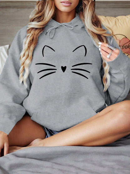 Cat Face Printed Sportswear for Womensoft and Warm Hooded Sweatshirt Winter Pullover Casual Round Neck Women's Clothing