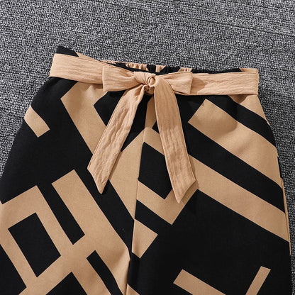 Kids Clothing Sets For Girls Khaki Off-shoulder Long sleeve Top & Stripe Printing Pants Summer Resort Style Children Suits OOTD