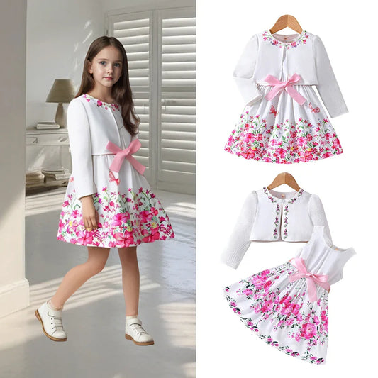 Kids Casual Clothing Sets Outfits for Girls Spring Summer Toddler Floral Print Long Sleeve Coat Tank Dress Children 2 3 4 5 6 7