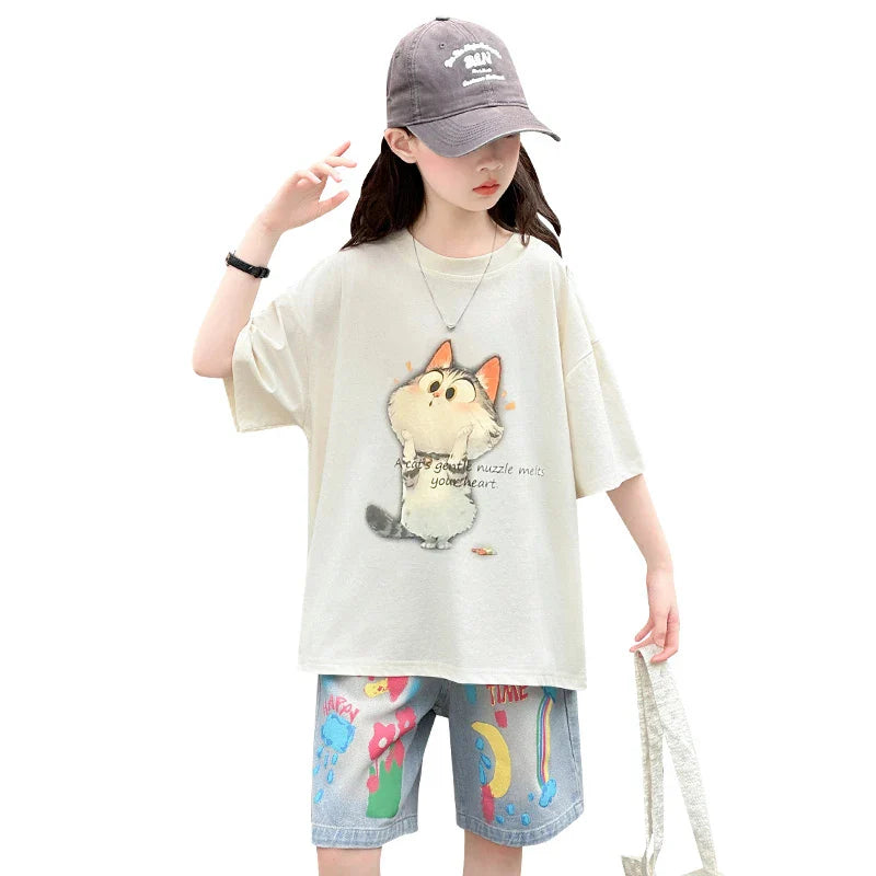 Kids Summer Cartoon Cat Print Tracksuit for Teenage Girl 5 6 7 8 9 10 11 12 13 14 Years Old Child Casual Top Bottom Clothes Set