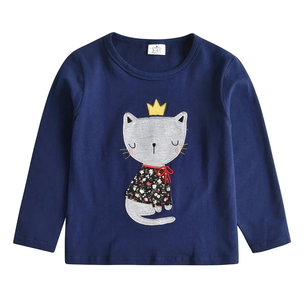 VIKITA Girls Cat Cartoon Print T Shirts Kids Navy O Neck Autumn Spring Cotton Casual Daily Long Sleeve Tops Tees Kids Clothing