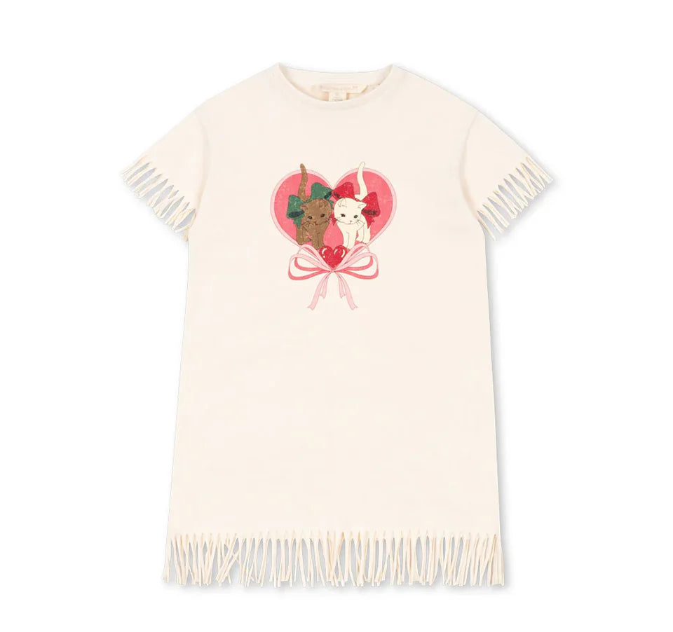 Summer 2025 KS Children Clothes Set Girls Cute Cat Print Tassels T-shirts Shorts Suit Kids Thin Soft Sling Dresses Girl Clothing
