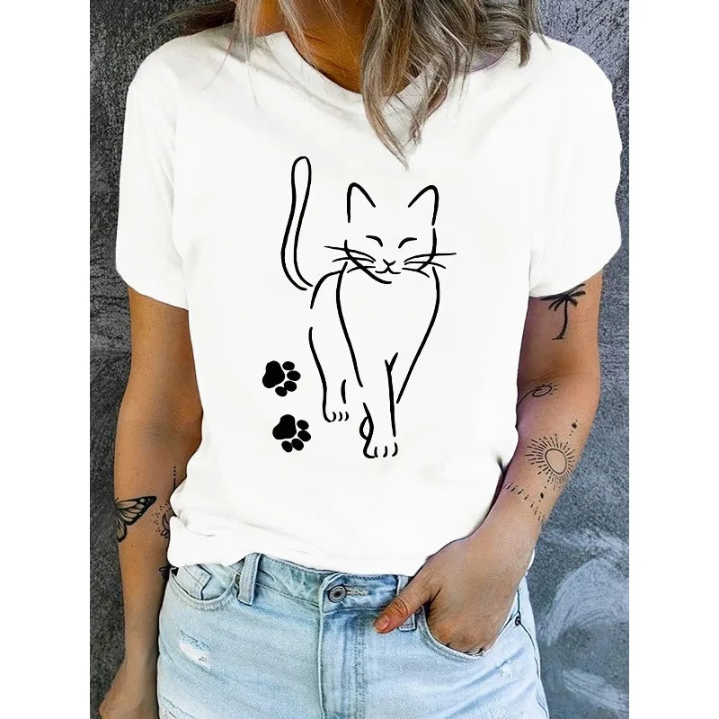 Women's Cat Printed Round Neck Loose T-shirt with Simple Lines Cat Plus Size Comfortable and Casual Black Short Sleeved Top