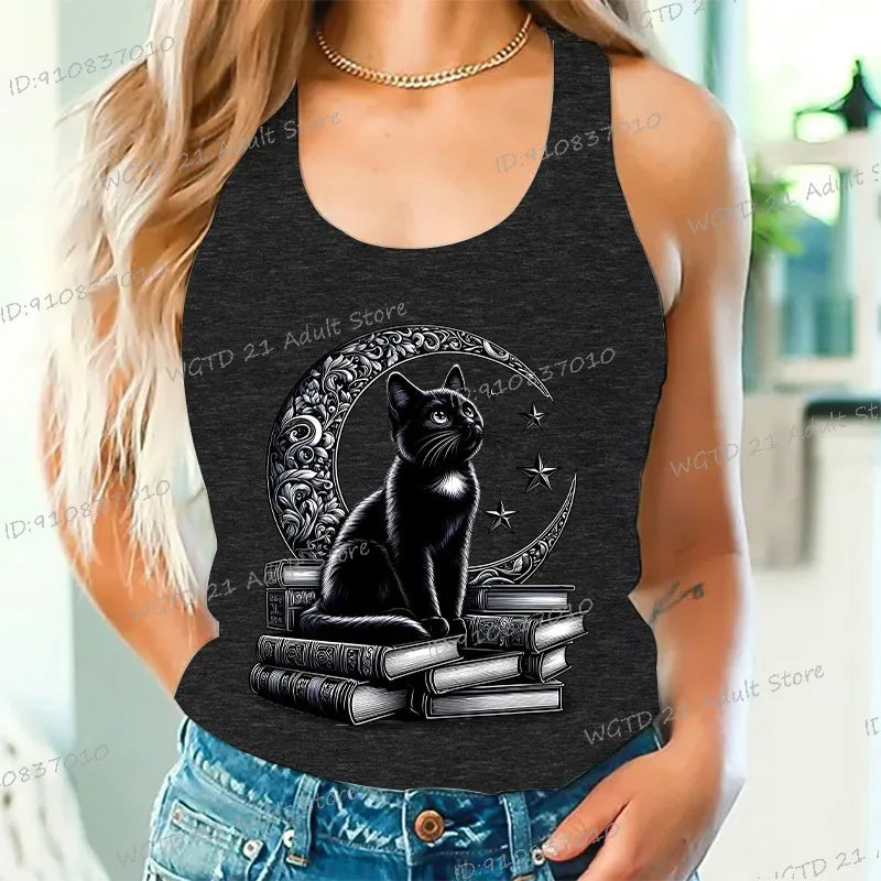 Women's Vintage Cat Books Clothing Summer Casual Loose Reading Club Members Vests Fashion Bookishness Sleeveless Tank Top