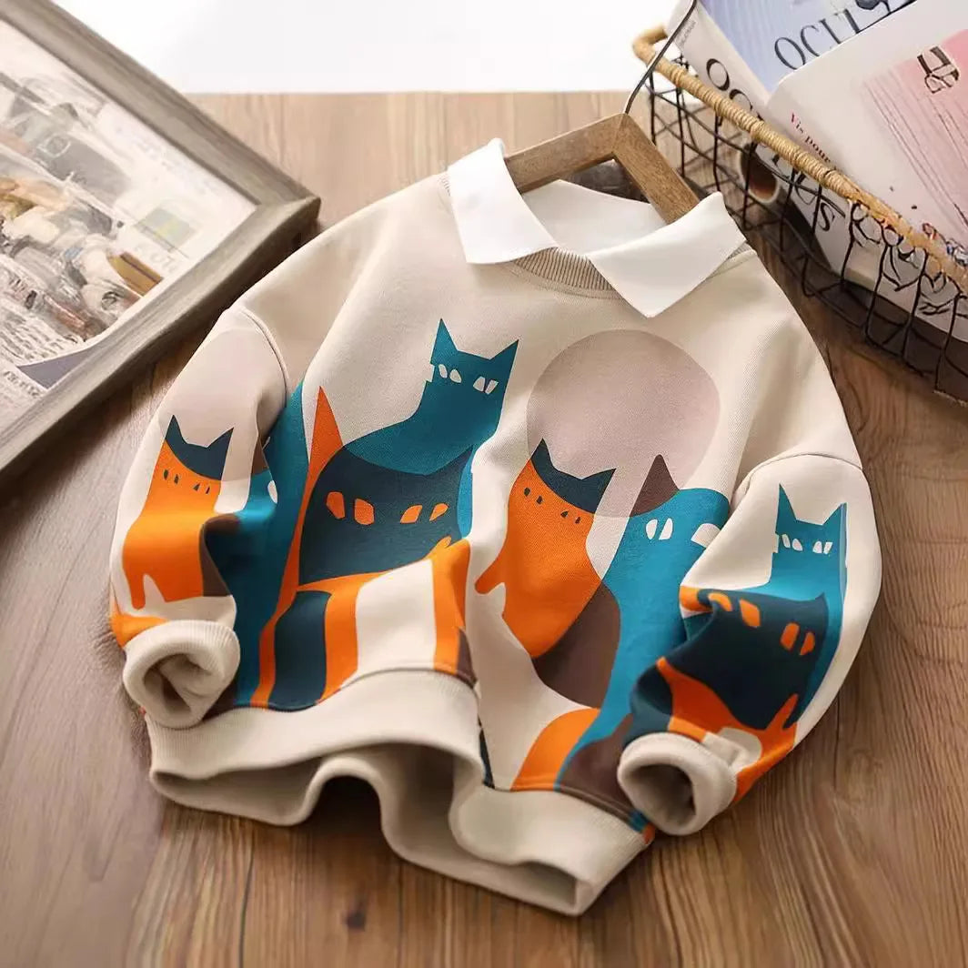 boys girls Cartoon Cat sweatshirt Fashion Graphic Crewneck Printed Pullover Top newyear Clothes 2025 kids clothes
