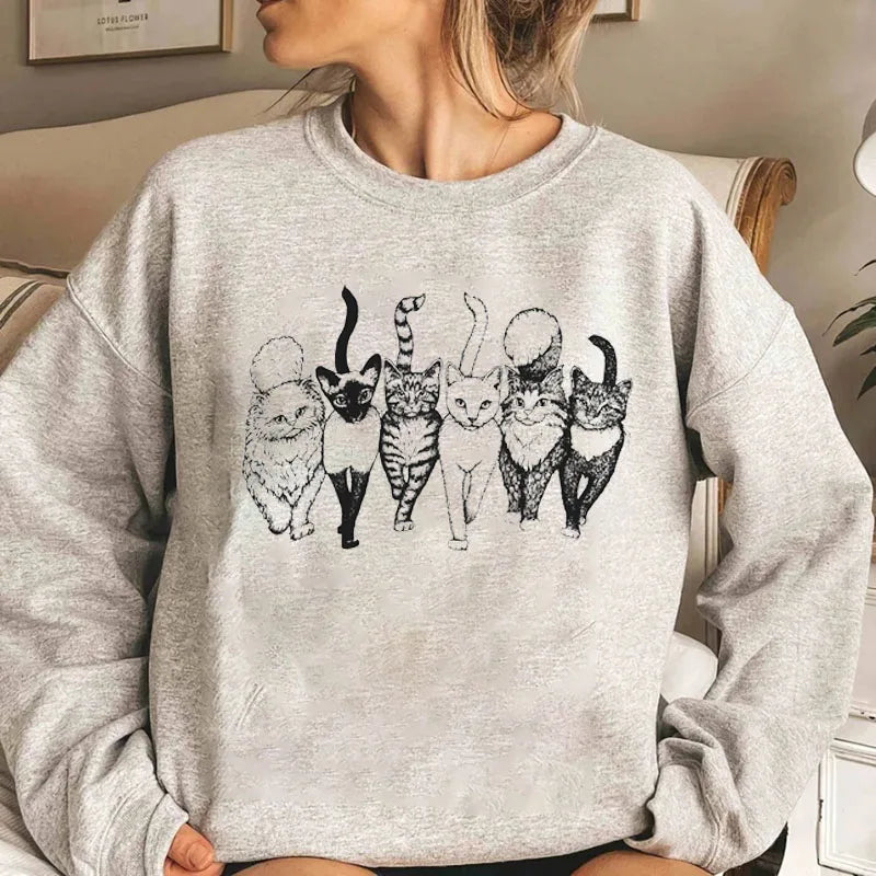 Six Cat Graphic Sweatshirt Hoodies Autumn Winter Cute Women Clothing Long Sleeve Pullove Top Outfits