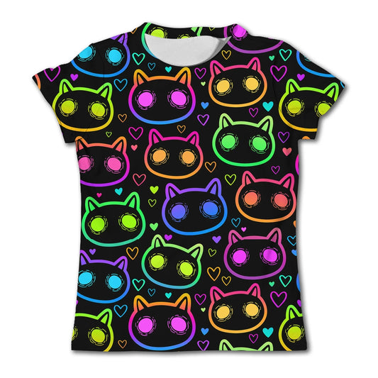 Kids' Fun Cat Graffiti Graphic T-shirt Summer Casual Short Sleeve Girl Loose T shirts 3-12Y Boys 3D Printed Clothing Cartoon Top