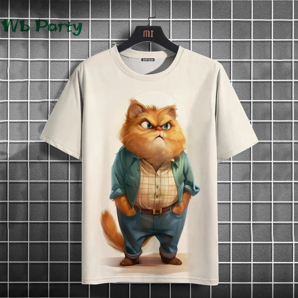 Cat Print T-shirts for Men Casual Short Sleeved Tee Oversized Mens Clothing Men's Funny T-shirt Animal Print Graphic T shirts