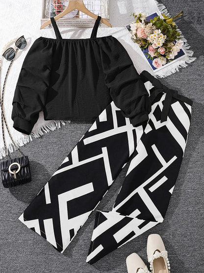 Kids Clothing Sets For Girls Khaki Off-shoulder Long sleeve Top & Stripe Printing Pants Summer Resort Style Children Suits OOTD