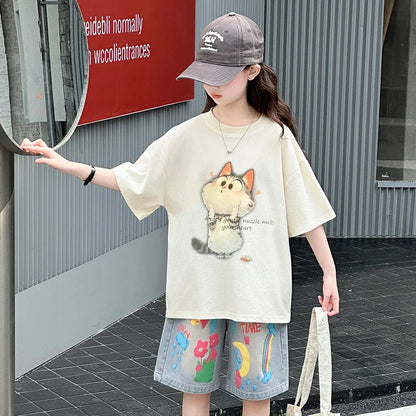 Kids Summer Cartoon Cat Print Tracksuit for Teenage Girl 5 6 7 8 9 10 11 12 13 14 Years Old Child Casual Top Bottom Clothes Set