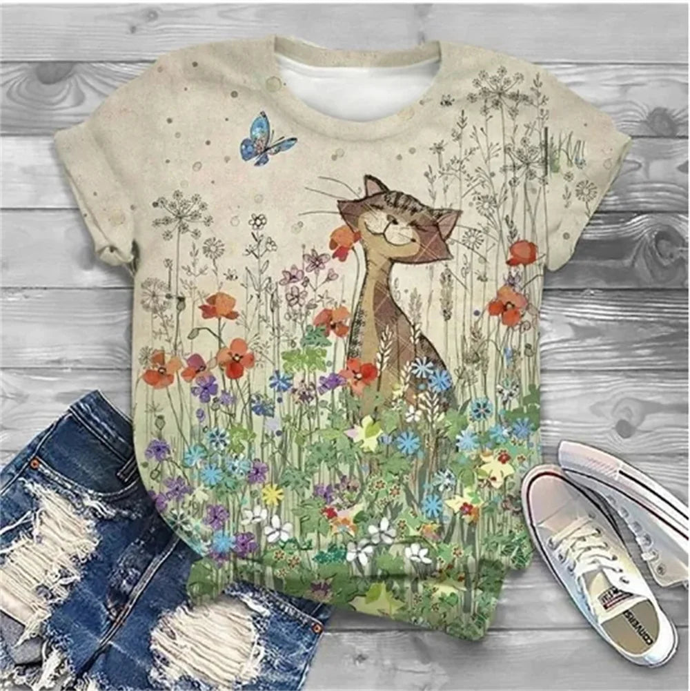 Cat Short Sleeve Cartoon Cat Women's T-Shirt Summer Fashion 3d Cartoon Women Clothing T Shirt For Women Daily Casual Top Tee