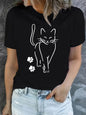 Women's Cat Printed Round Neck Loose T-shirt with Simple Lines Cat Plus Size Comfortable and Casual Black Short Sleeved Top